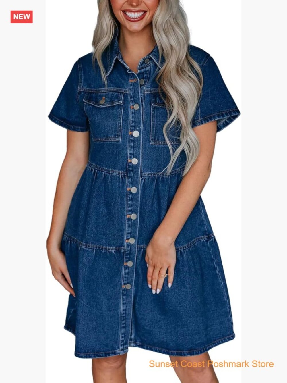 Button Down Denim Babydoll Dress Short Sleeve Flowy Tiered Ruffle Midi Dress
